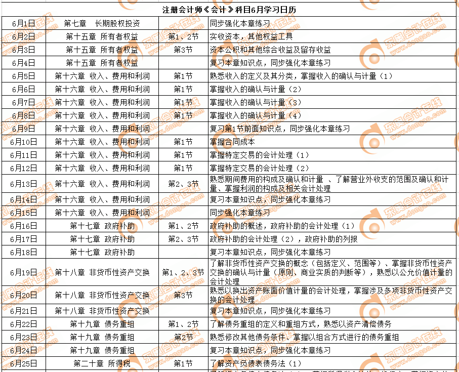 注會《會計(jì)》科目6月學(xué)習(xí)計(jì)劃