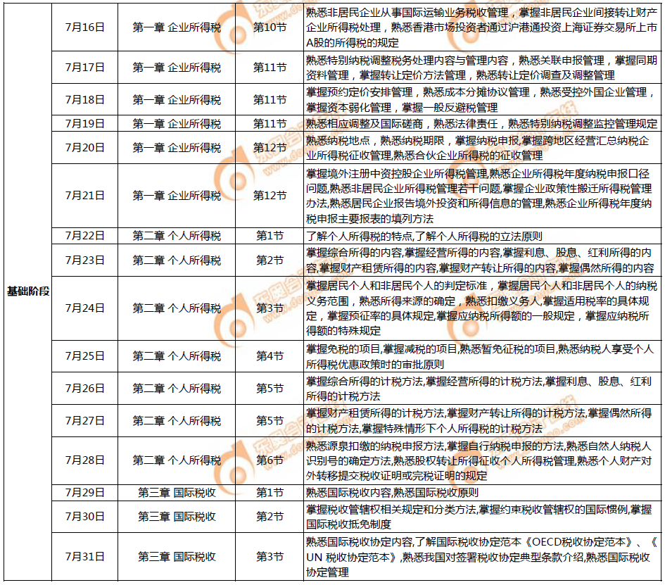 《稅法二》7月學(xué)習(xí)計劃日歷表2