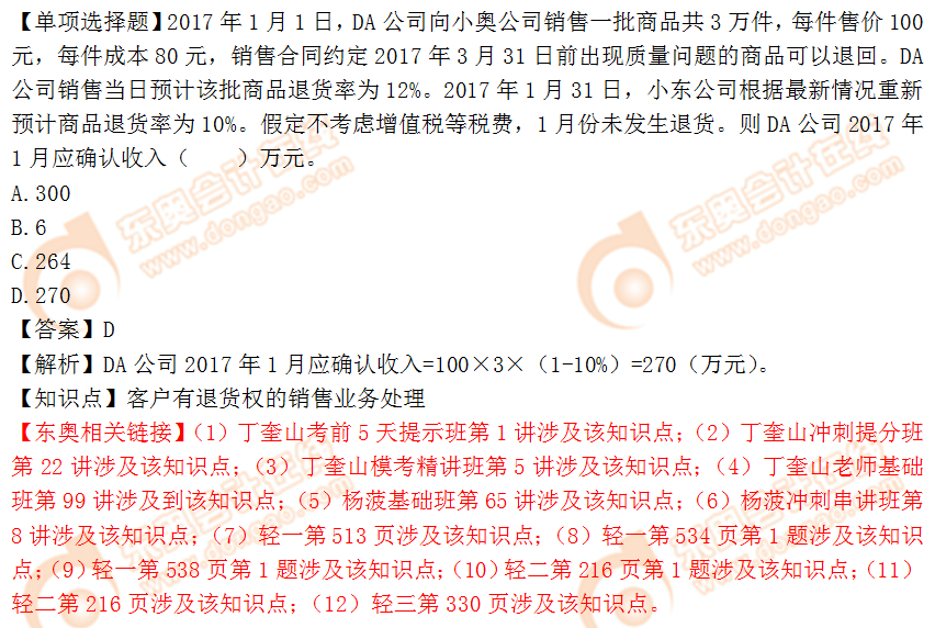 2018年稅務(wù)師《財務(wù)與會計》單選題：退貨的銷售業(yè)務(wù)處理