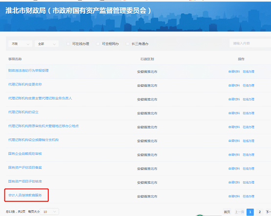 在“淮北市財(cái)政局（國資委）”頁面下找到“會計(jì)人員繼續(xù)教育服務(wù)”事項(xiàng)，并點(diǎn)擊進(jìn)入。