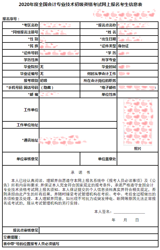 初級會計(jì)報(bào)名信息表樣表