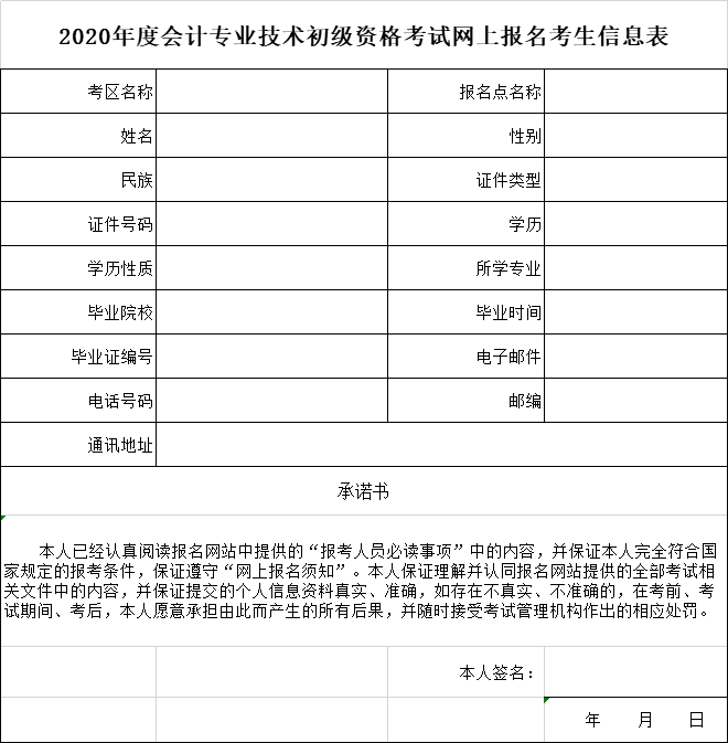 2020年度會計(jì)專業(yè)技術(shù)初級資格考試網(wǎng)上報(bào)名考生信息表