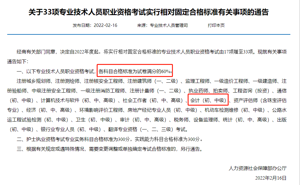 中級(jí)會(huì)計(jì)關(guān)于33項(xiàng)專業(yè)技術(shù)人員職業(yè)資格考試實(shí)行相對(duì)固定合格標(biāo)準(zhǔn)有關(guān)事項(xiàng)通告