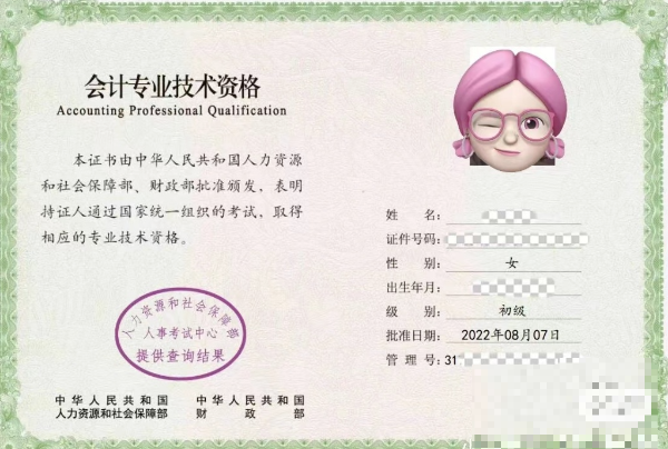 初級(jí)會(huì)計(jì)證書(shū)電子版示意圖